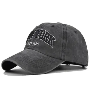 Vintage Washed Cotton Baseball Cap New York Embroidered Adjustable Distressed Curved Brim Sun Hat For Men Women