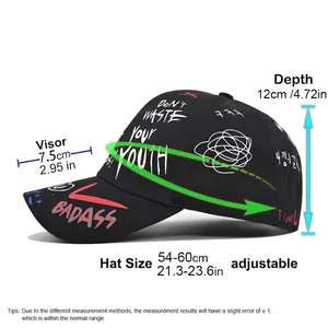 Casquette baseball avec imprimé graffiti, guide des tailles et dimensions réglables