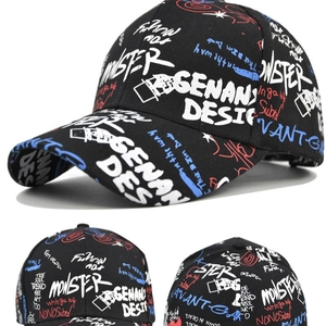 Casquette de baseball noire imprimé graffiti avec texte monster et sergé de coton