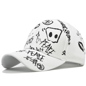 Unisex white graffiti print baseball cap with street style peace and star patterns
