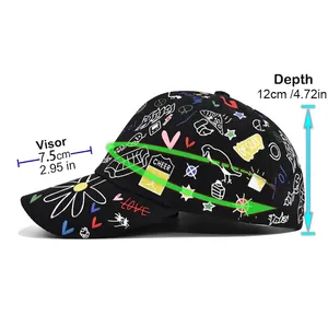 Graffiti print baseball cap with size chart and adjustable strap for men and women