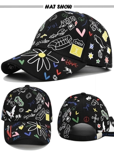 Detailed views of street style black baseball cap with colorful graffiti and adjustable strap