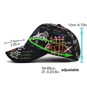 Graffiti printed baseball cap size chart showing hat dimensions and adjustable strap specs