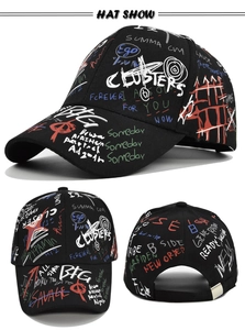 Detail view of cotton graffiti baseball cap showing side, front, and back metal buckle