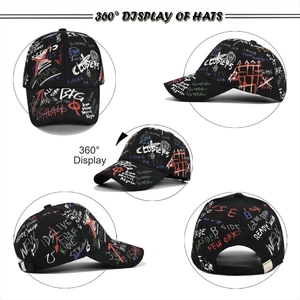 Black baseball cap with colorful graffiti print and adjustable metal buckle closure