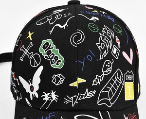 Macro shot of street graffiti pattern and cotton fabric texture on black baseball cap