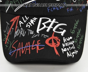 Detailed macro view of graffiti printed cotton twill fabric on a black baseball cap