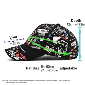 Size chart for black graffiti baseball cap with 7.5cm visor and adjustable 54-60cm headband