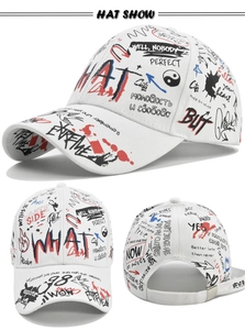 Detailed views of white street style baseball cap with graffiti prints and metal buckle