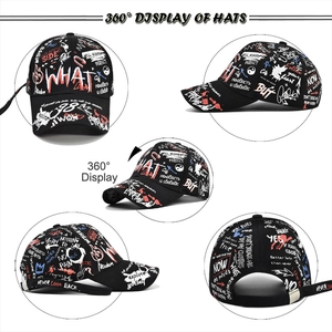 360-degree view of graffiti baseball cap with adjustable strap and curved brim design