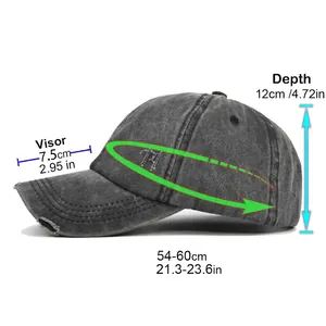 Distressed wash baseball cap size chart with 54-60cm adjustable circumference and brim detail
