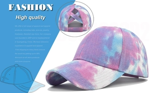 Detail view of tie-dye baseball cap with criss cross elastic back for high ponytails