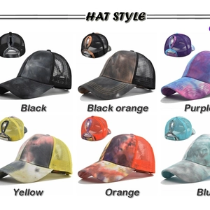 Tie-dye ponytail mesh baseball caps in multiple colors featuring rear opening and breathable net