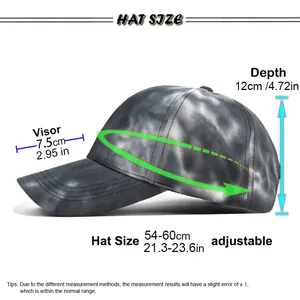Size chart for tie-dye baseball cap showing adjustable 54-60cm circumference and visor length