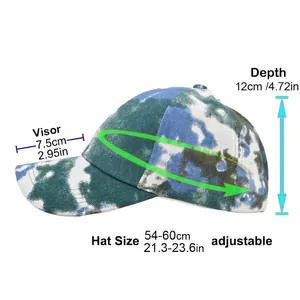 Size guide for tie-dye criss-cross ponytail baseball cap with adjustable strap measurements
