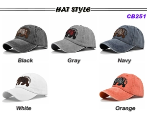 Classic baseball caps with black bear embroidery in five colors and washed cotton texture