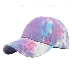 Detail of colorful tie-dye baseball cap with cross opening for high ponytails and braids