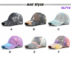 Six different tie-dye baseball cap color options with curved brim and stylish patterns