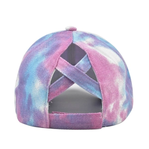 Detailed back view of tie-dye ponytail baseball cap with criss-cross elastic bands