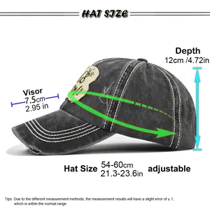 Size guide for washed cotton baseball cap with adjustable strap and embroidery