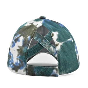 Detail view of tie-dye ponytail baseball cap featuring elastic criss-cross back design