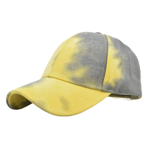 Detail view of yellow and grey tie-dye baseball cap with criss-cross back design