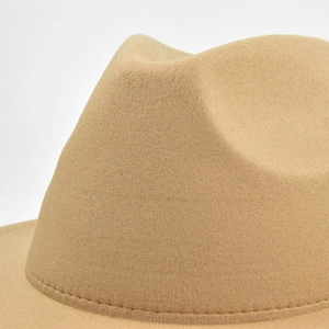 Detailed close-up showing the camel wool felt texture and stitching of the vintage fedora hat