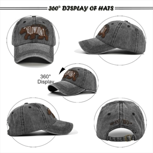 Detailed views of gray cotton baseball cap with bear patch and metal strap buckle