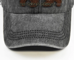 Detailed macro of the washed grey cotton fabric and bear patch embroidery on the cap