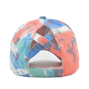 Detail of colorful tie-dye baseball cap with elastic criss-cross back for high ponytail