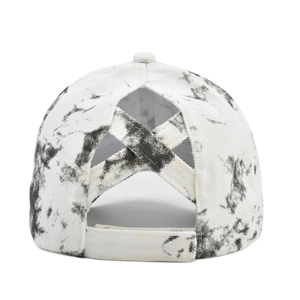Detail view of tie-dye baseball cap back with cross elastic bands for high pony tails