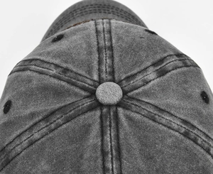 Close-up of washed cotton texture and double-needle stitching on a 6-panel baseball cap