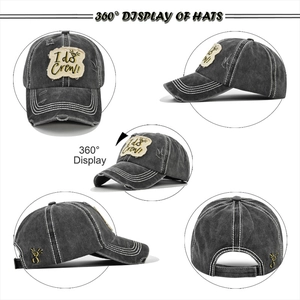 360-degree view of washed grey cotton baseball cap with embroidered I Do Crew patch design