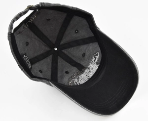 Detailed inner view of cotton baseball cap with adjustable buckle and cotton label
