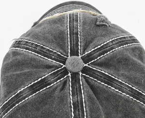 Detailed top view of vintage washed baseball cap with contrast stitching and top button