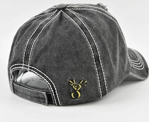 Back view of washed dark grey baseball cap with contrast stitching and embroidery
