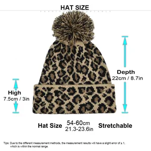 Size chart showing dimensions of the leopard print knit beanie with measurements