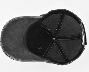 Detail view of washed cotton baseball cap inner structure with six-panel stitching