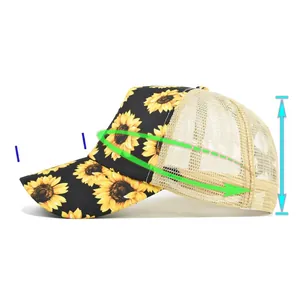 Size guide for sunflower mesh ponytail cap showing visor, depth, and adjustable circumference