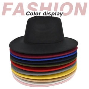 Vertical stack of classic fedora hats in ten vibrant colors on a white background
