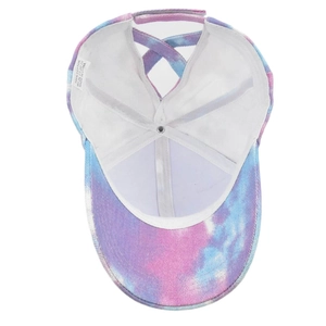 Detail view of 100% cotton tie-dye baseball cap lining and elastic criss-cross back
