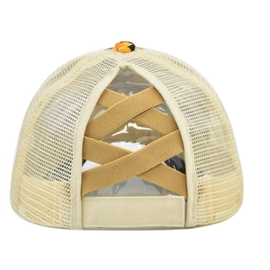 Detail view of high ponytail mesh baseball cap with elastic criss-cross bands and velcro strap