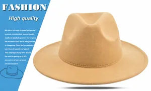 Detail view of khaki wool fedora hat crown with wide flat brim and stitched edge