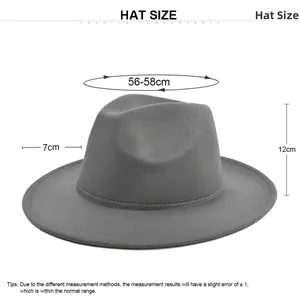 Detailed size chart for gray wide brim wool fedora showing 56-58cm head circumference