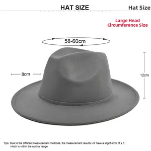 Detailed size chart showing 58-60cm head circumference for the wide brim wool fedora hat
