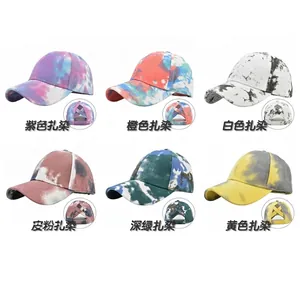 Tie-dye ponytail baseball caps with elastic criss-cross back in six vibrant colors