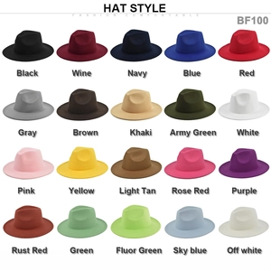 Detailed catalog showing 20 color options of wide brim wool fedora hats style BF100