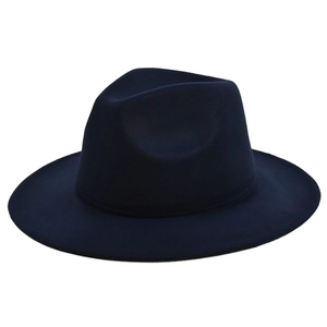 Detailed top view of a navy blue wool felt fedora with a classic pinch front crown style
