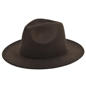 Detail shot of the smooth felt texture and decorative band on a dark brown fedora hat
