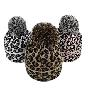 Leopard Print Knit Beanie Hat For Women Winter Warm Acrylic Pom Pom Beanie Hat Fashion Jacquard Knitted Skull Cap
